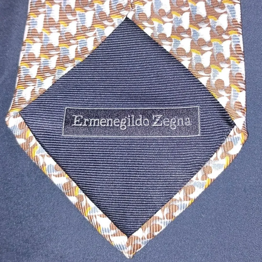 Ermenegildo Zegna Necktie 100% Silk Blue Brown Flower Print Tie Made In Italy